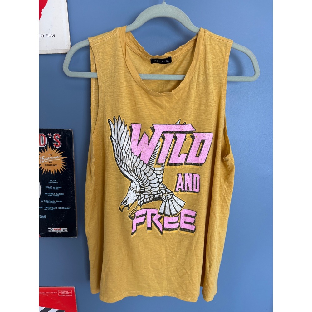 Zutter USA Wild and Free Eagle Graphic Muscle Tank Top Mustard Yellow Large